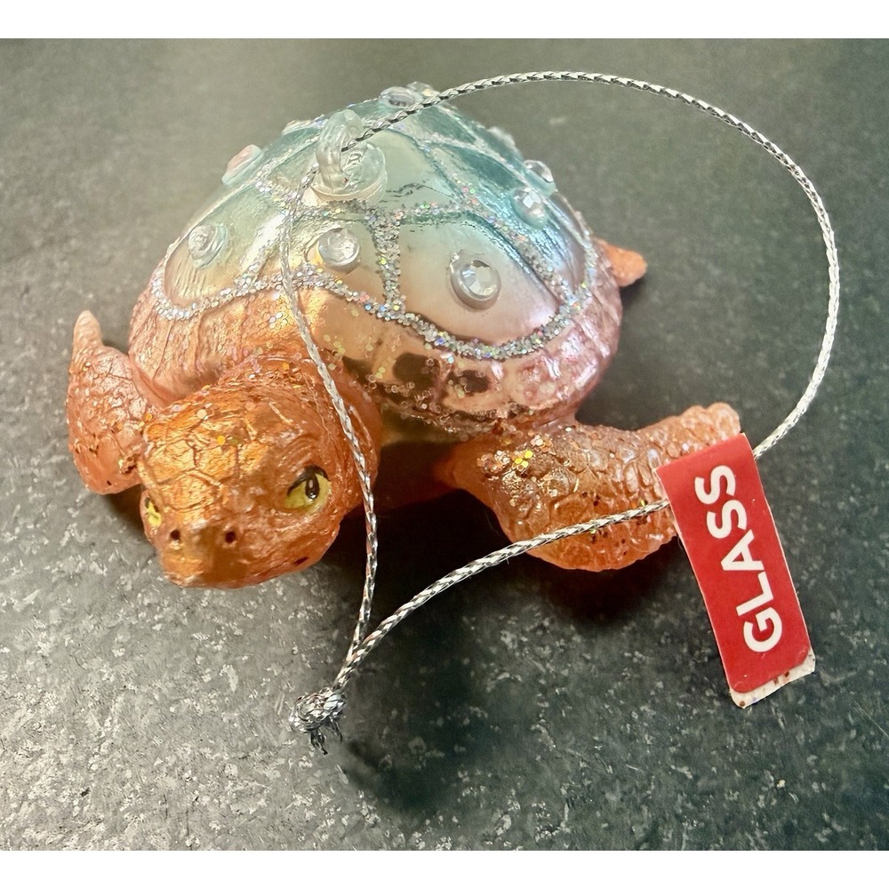 Vtg Orange Blue Teal Colorful Iridiscent Sea Turtle Ornament Glass Sparkly